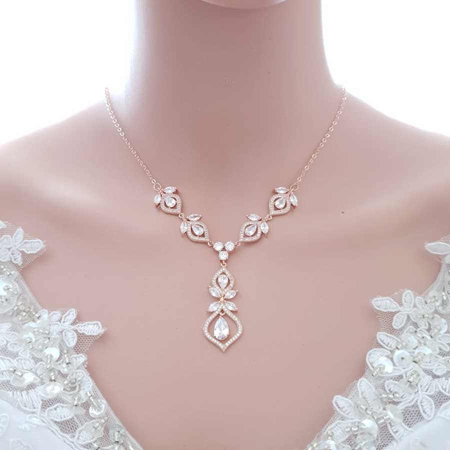 dgzfgdfy Elegant Rose Gold Crystal Bridal Necklace with Drop Pendant - Image 1