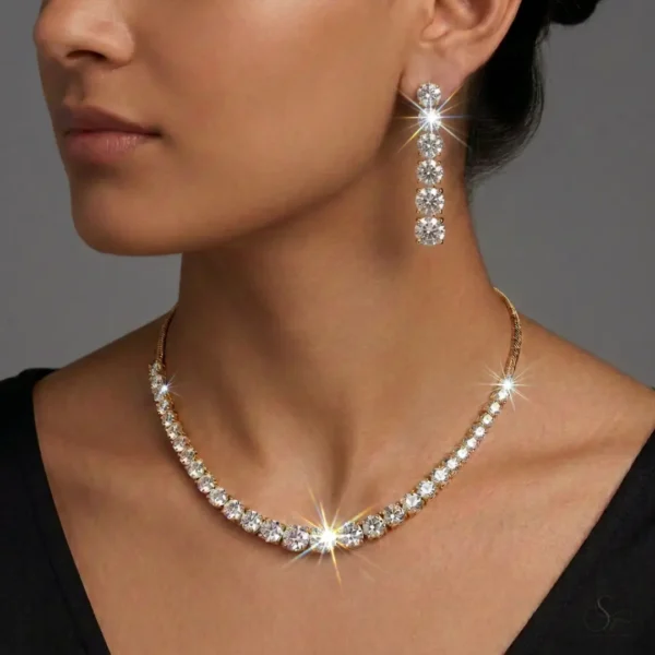 Classic Solitaire Tennis Necklace & Earring Set – Gold Finish (Diamond Alternative)