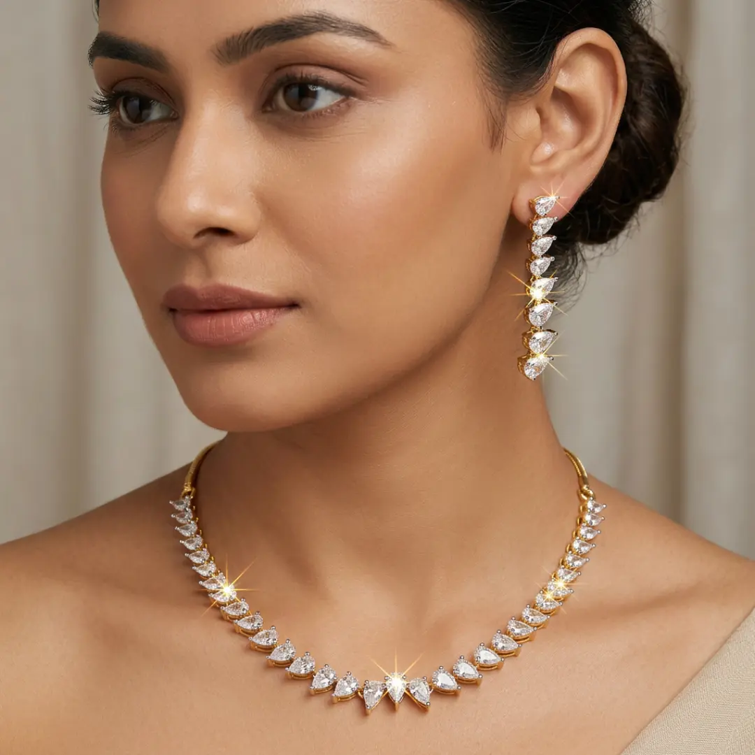 alternative of diamond necklace set 7 Pear Solitaire American Diamond Partywear Necklace